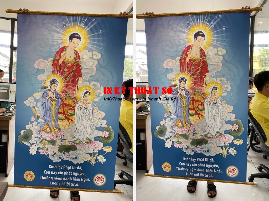 In tranh Phật Di-đà tranh canvas nẹp gỗ hoa văn - In Kỹ Thuật Số Since 2006