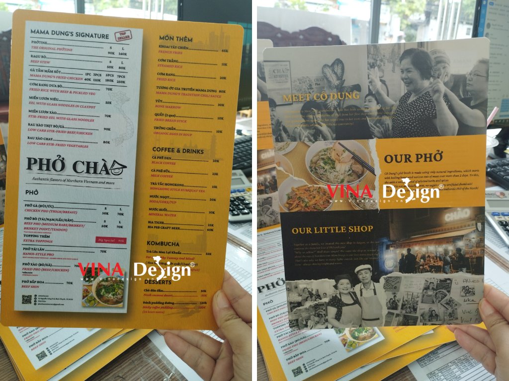 In menu quán phở song ngữ Việt - Anh, menu tấm nhựa cầm tay cao cấp - VINADESIGN