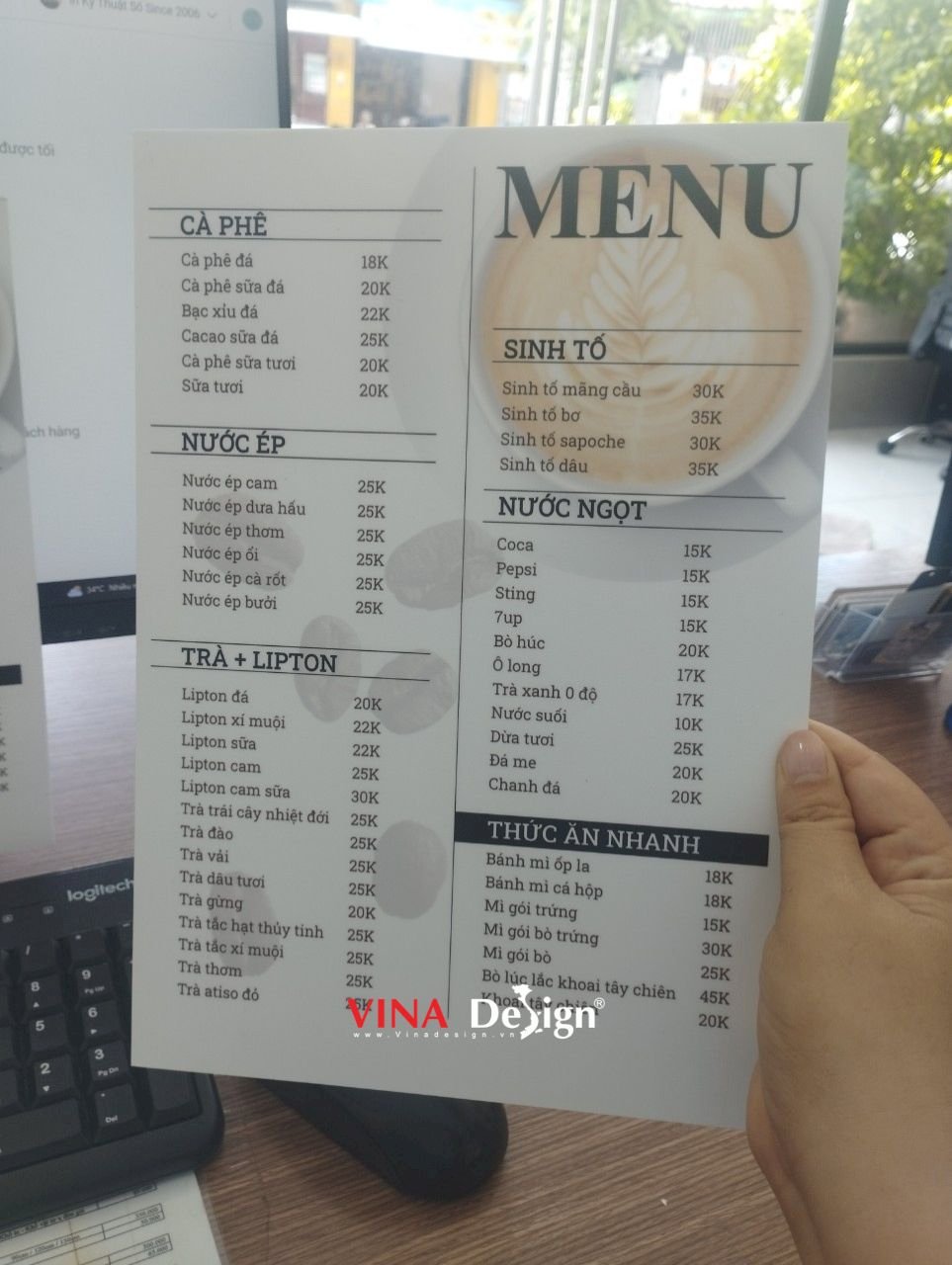 In menu theo yêu cầu, menu cafe đẹp, menu cầm tay, menu dán Form A4 cứng cáp, bền đẹp - VINADESIGN