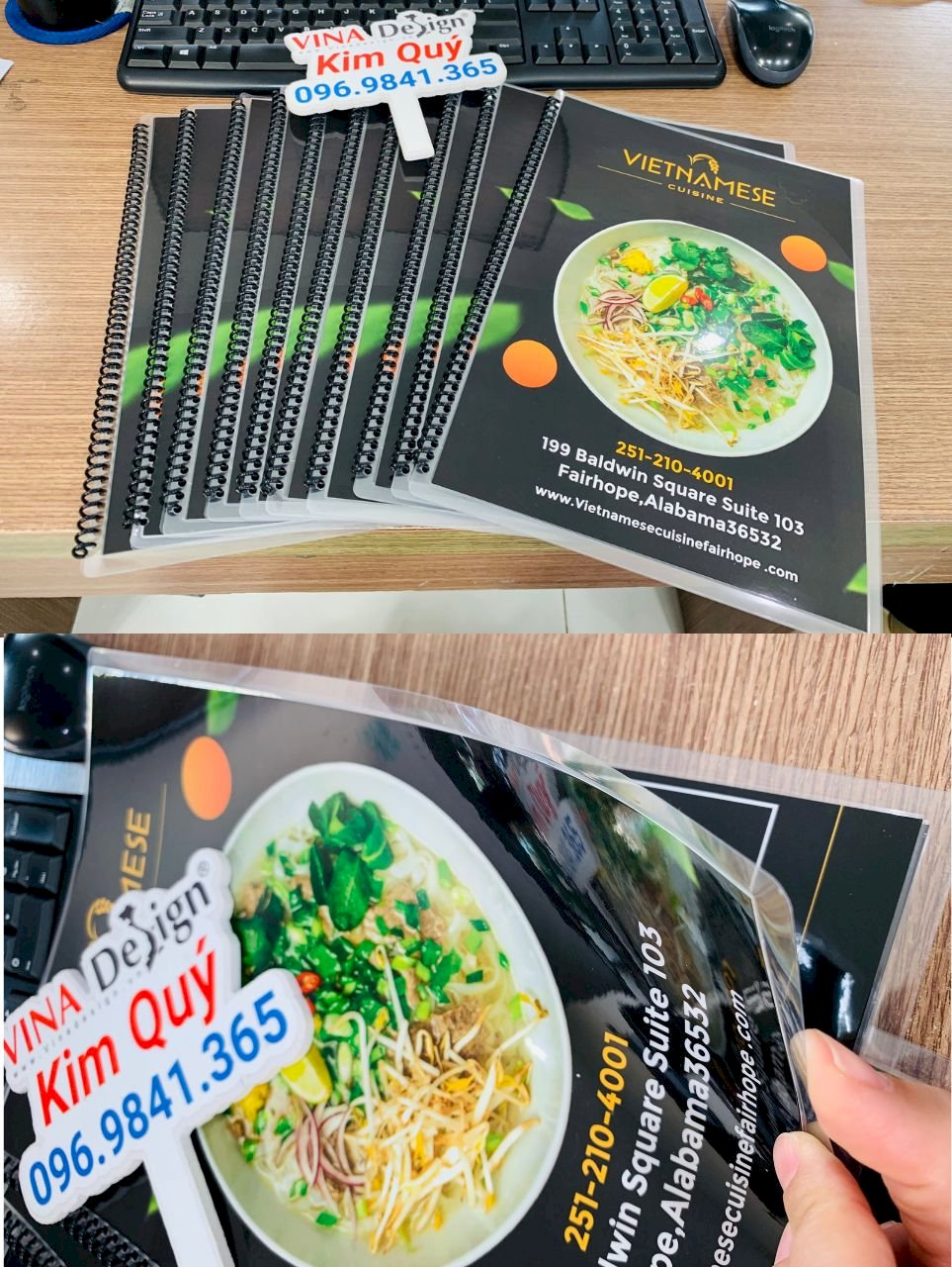 Cuốn menu quán ăn Việt tại Mỹ in theo yêu cầu - Menu ép plastic đóng cuốn lò xo A4 - VINADESIGN