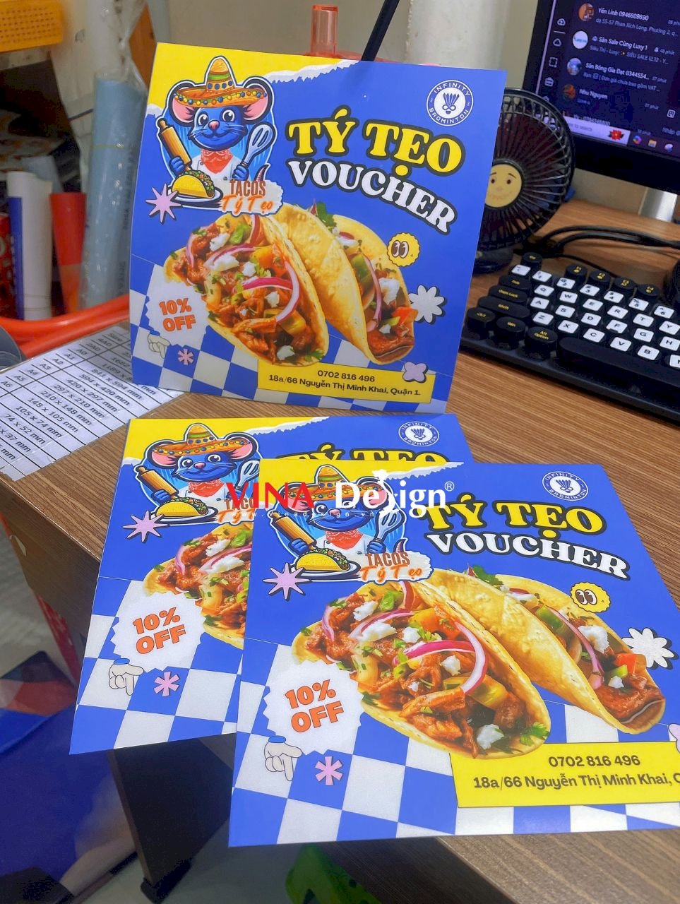 Poster A4 dán tường, dán cửa kính giới thiệu khuyến mãi Voucher quán bánh Tacos - In PP có keo, cán mờ - VINADESIGN