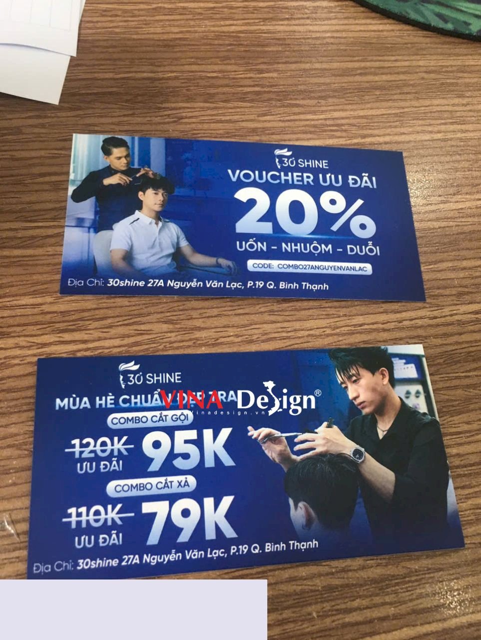 In ấn voucher cho tiệm Salon tóc nam, in voucher theo yêu cầu giấy C300gsm 2 mặt - VINADESIGN