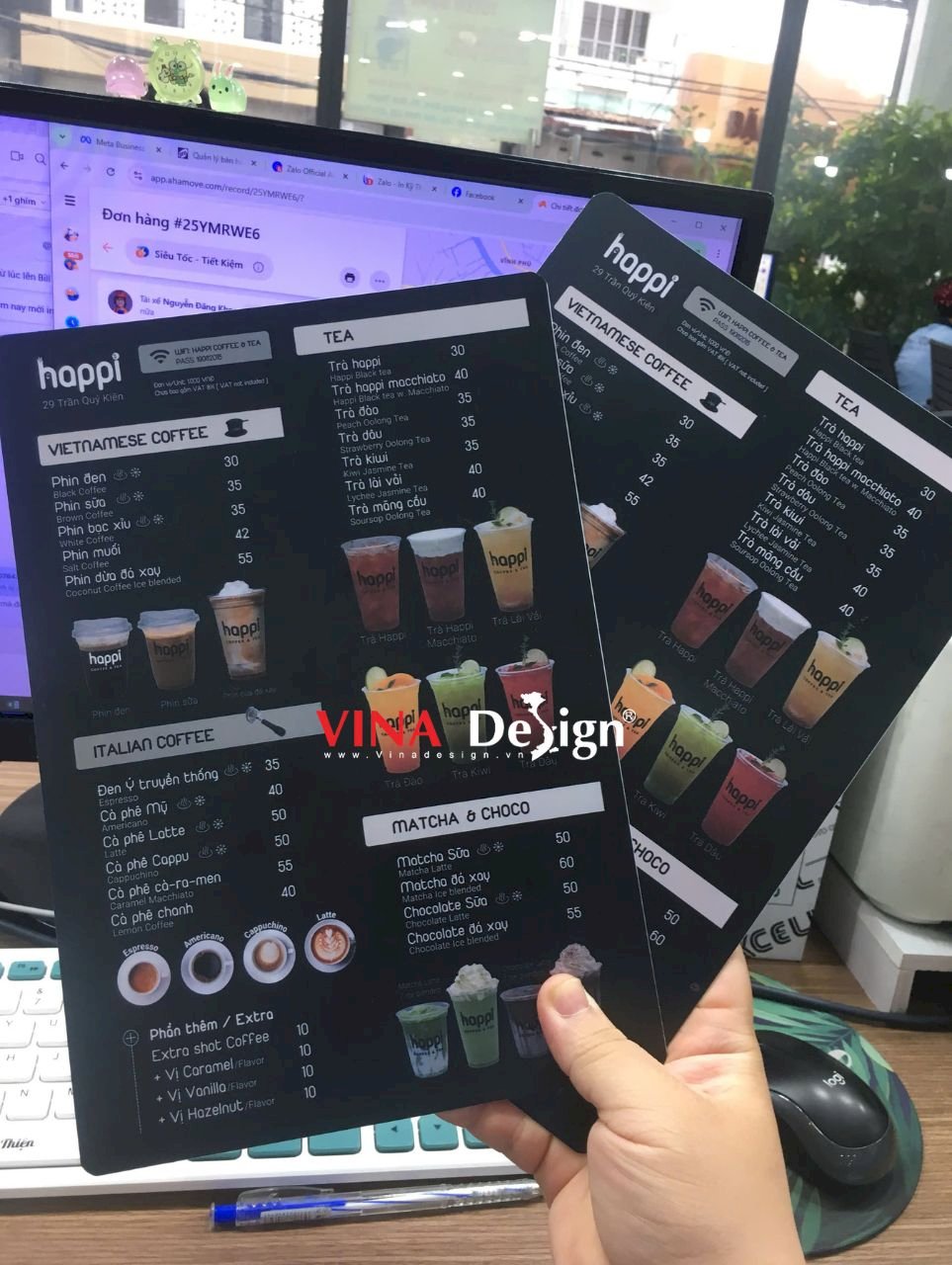 In bảng menu cầm tay quán Coffee Tea, menu nhựa chống nước in 2 mặt - VINADESIGN