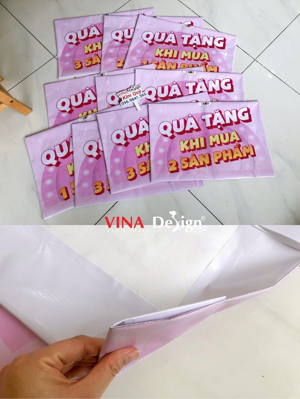 Băng rôn quảng cáo Quà tặng khi mua sản phẩm, in bạt Hiflex dán biên xỏ cây trên dưới - VINADESIGN