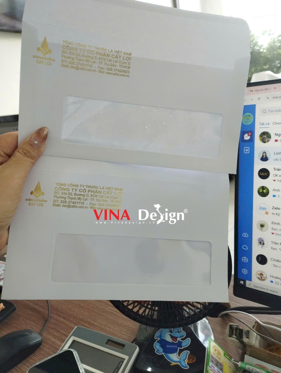 In bì thư công ty, bao thư trắng ép kim màu vàng 18k dán suppo, kích thước 12cm x 22cm - VINADESIGN