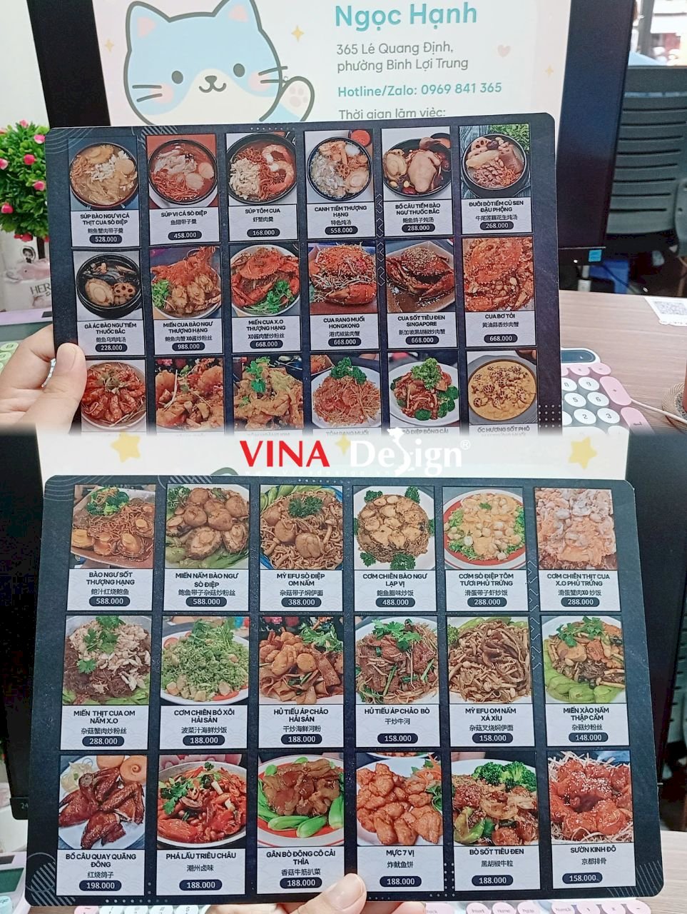 In menu quán ăn món Hoa, tấm menu nhựa cầm tay khổ A4 in 2 mặt - VINADESIGN