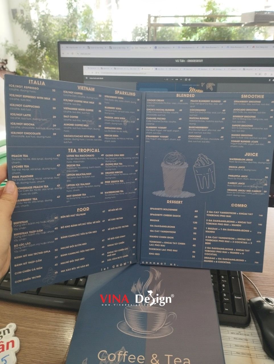 In menu quán cà phê thiết kế dạng gập mở, dán gói Formex 5ly - VINADESIGN