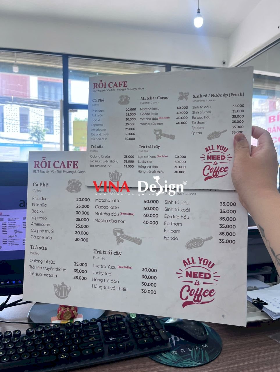 Menu cầm tay in PP cán Formex khổ A4, A3 cho quán cà phê - VINADESIGN