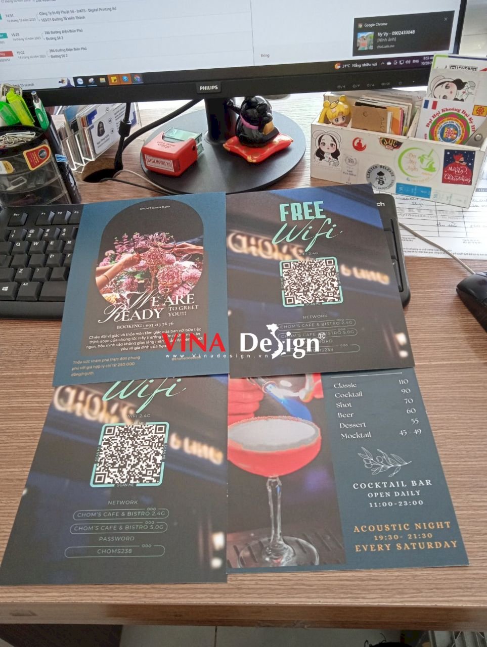 Poster quảng cáo in giấy mỹ thuật Econo 350gsm gắn menu mica để bàn quán Cafe & Bistro - VINADESIGN