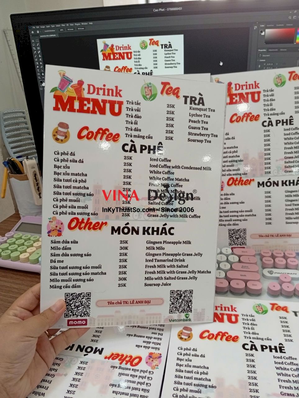 Menu quán nước, quán cafe trà trái cây, in menu khổ A4 cầm tay PP dán Formex - VINADESIGN