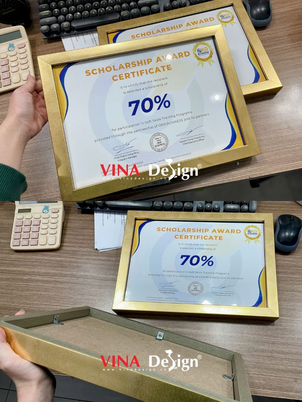 In giấy chứng nhận theo yêu cầu - Certificate Scholarship Award in giấy Couche lồng khung mạ vàng mặt kính - VINADESIGN