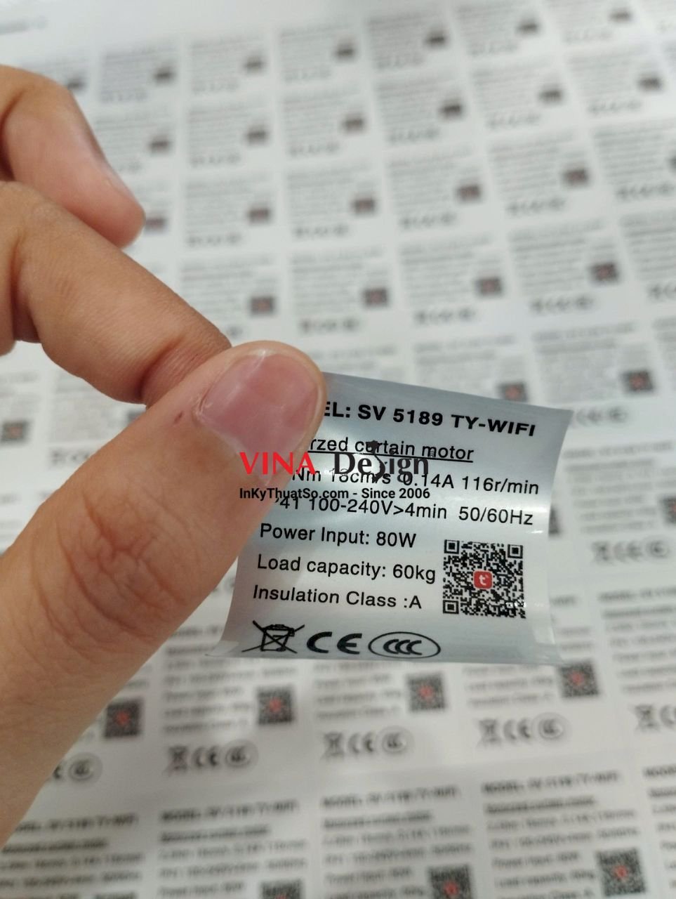 In tem decal xi bạc làm tem thông số kỹ thuật dán động cơ rèm cửa - VINADESIGN