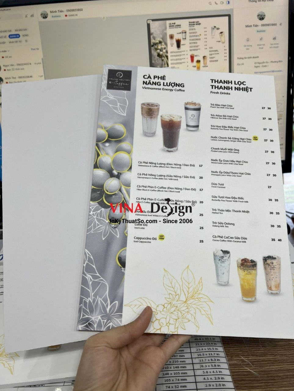 In menu Formex, menu quán coffee, menu cầm tay khổ A3, A4 - VINADESIGN