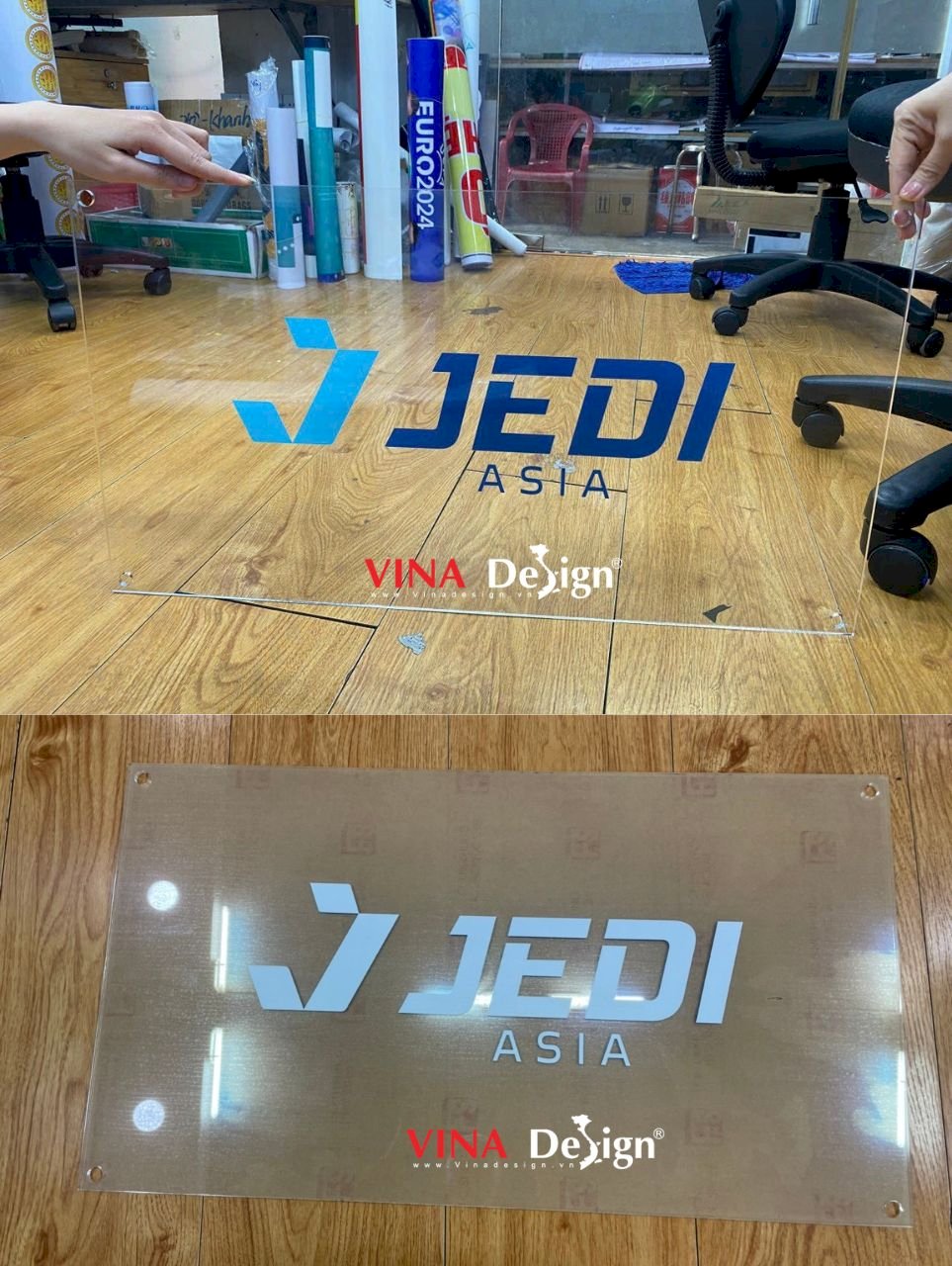 In biển hiệu công ty, in UV ngược lên mica trong, bắt ốc kiểu treo tường - VINADESIGN