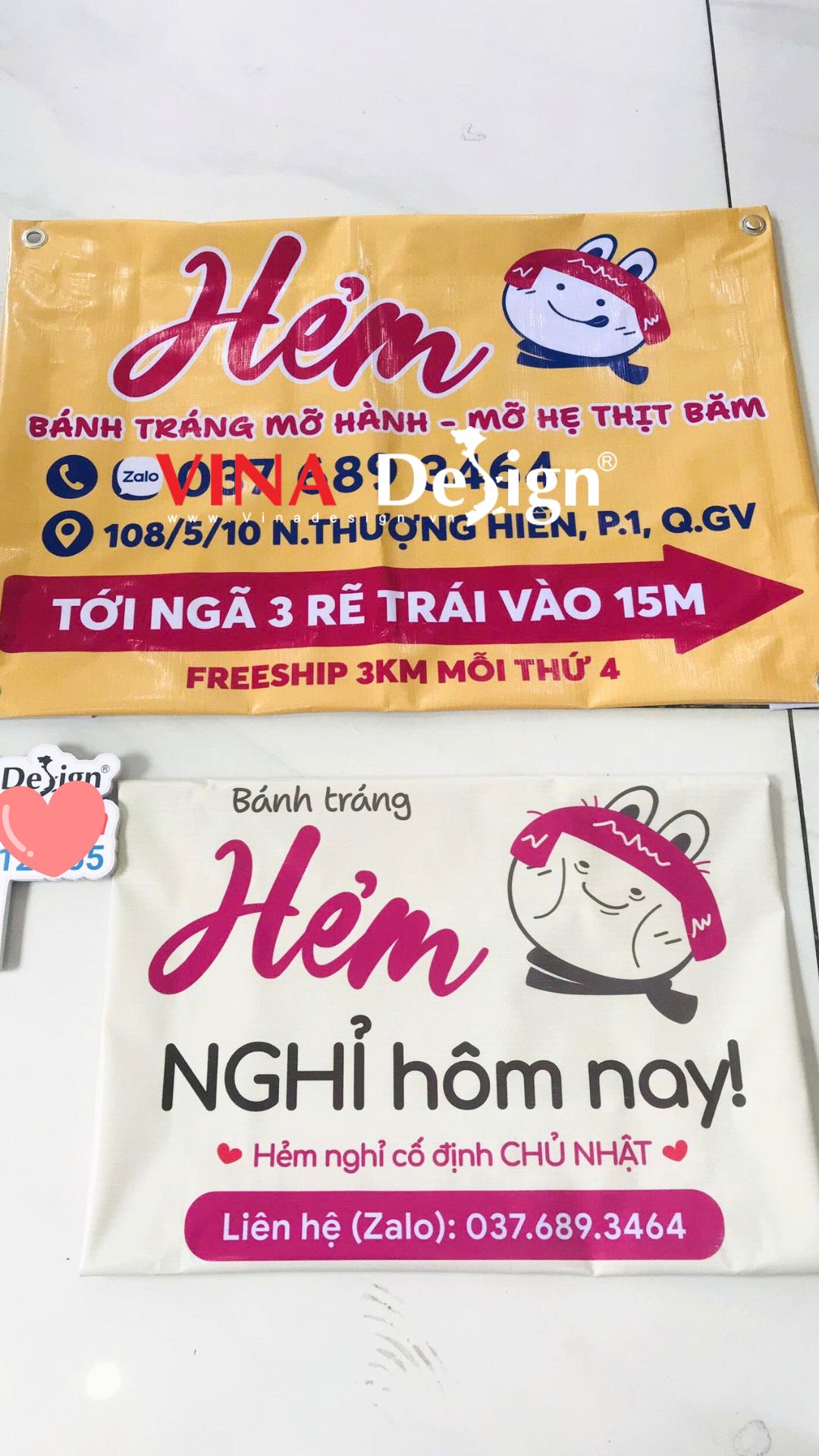 Biển bạt quảng cáo cho quán ăn nhỏ, in bạt hiflex dán biên xỏ cây, khoen 4 góc - VINADESIGN