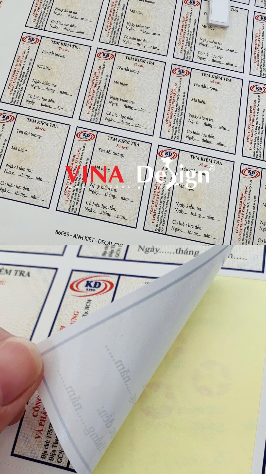 In tem kiểm định, tem kiểm tra thiết bị, máy móc, sản phẩm, in tem nhãn Decal giấy - VINADESIGN