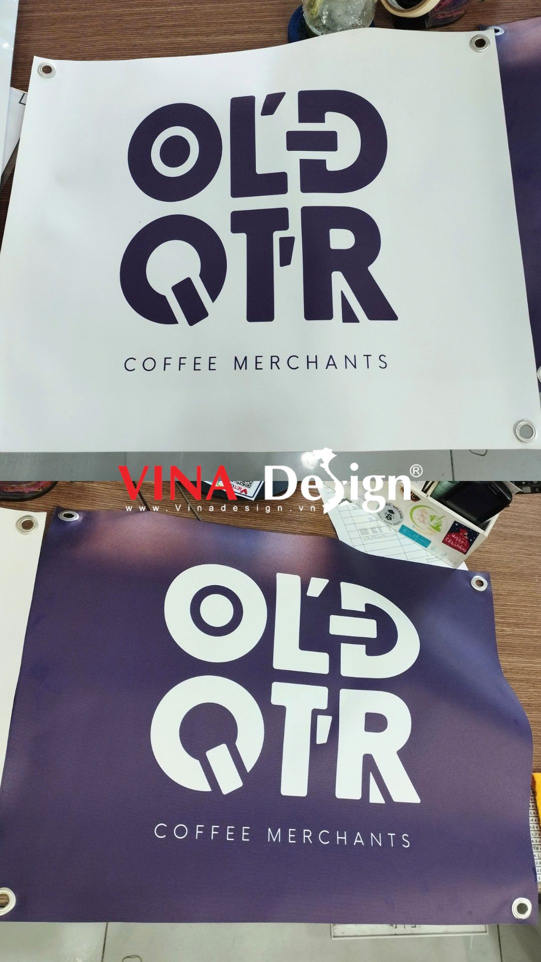 In trên Canvas logo thương hiệu cafe, đóng khoen 4 góc căng treo sự kiện - VINADESIGN